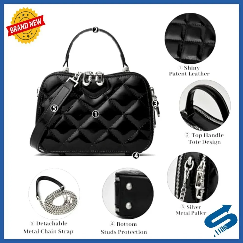Mini Quilted Leather Top Handle Clutch with Chain Strap Crossbody Purse